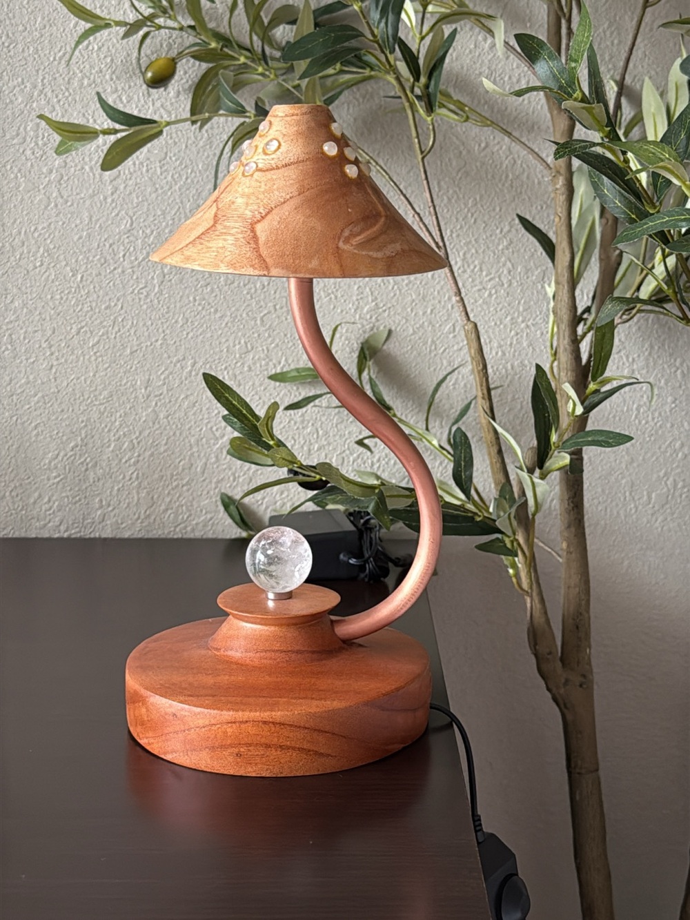 Quartz Inlaid Wood Grain Table Lamp with Curved Brass Stem and Quartz Orb Accent